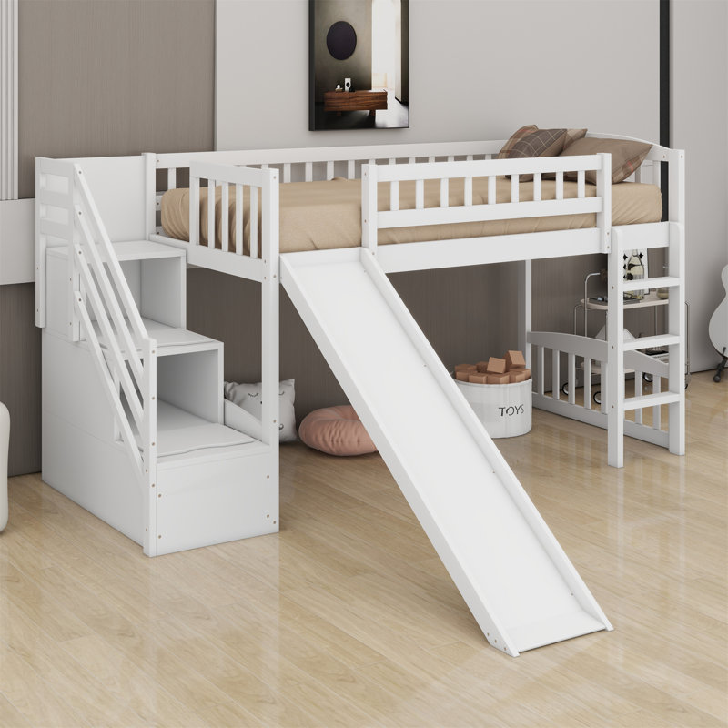 Lit mezzanine avec deux tiroirs et glissade, Blanc