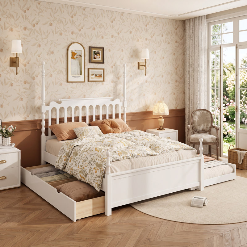 Structure de lit en bois Granborough avec lit gigogne escamotable et 2 tiroirs de rangement, tête de lit Classic, Blanc