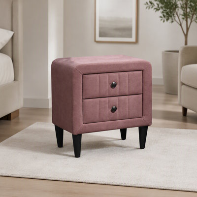 Table de chevet 1 pièce en lin rose brossé, style contemporain, avec 2 tiroirs de rangement - Meuble de chambre