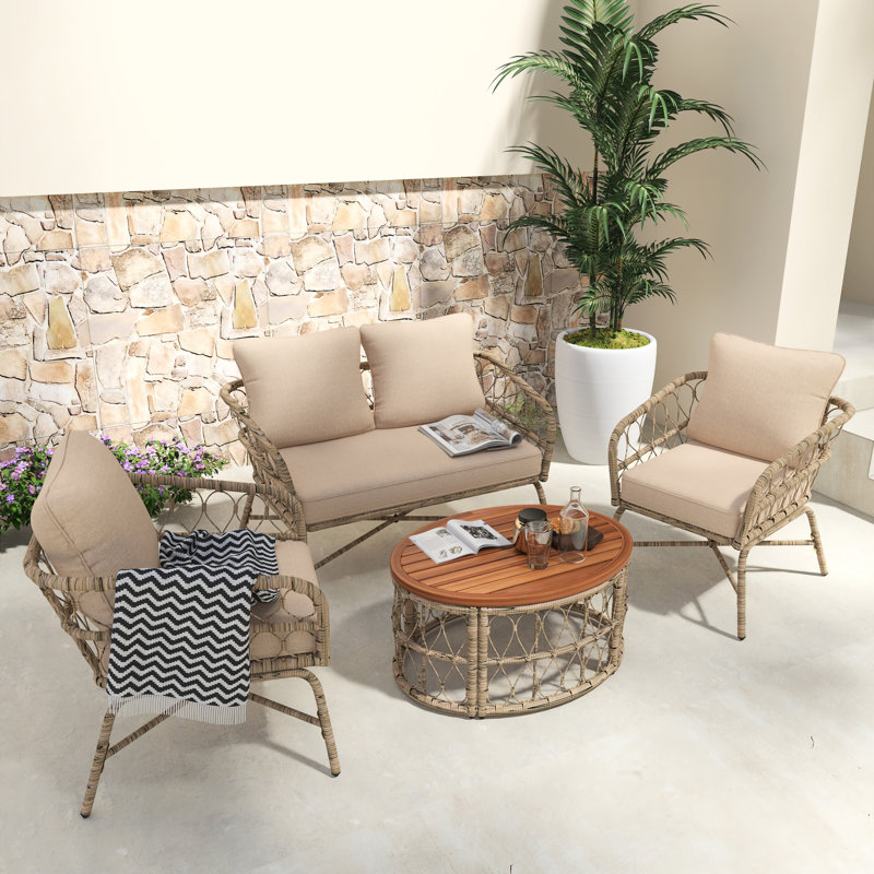 Ensemble de conversation canapé en osier pour 4 personnes avec coussins