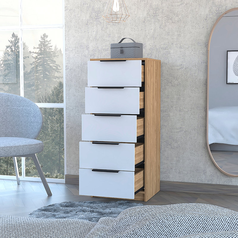 Commode 5 tiroirs, commode verticale, Blanc / beige