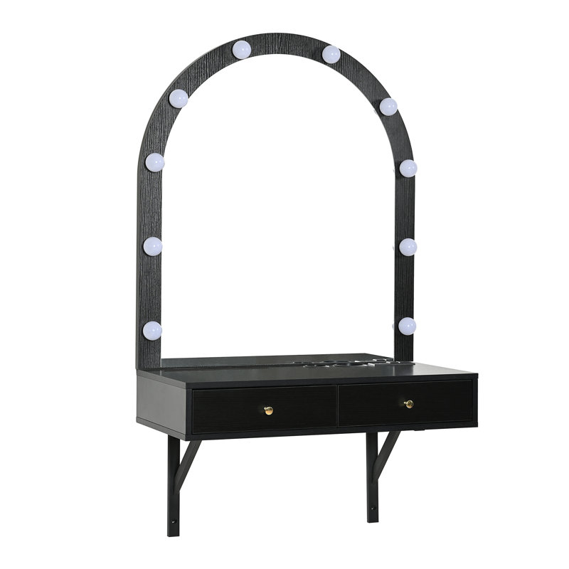 Meuble-lavabo mural flottant avec miroir DEL, éclairage 3 couleurs, prise de courant et ports de charge USB - coiffeuse de rangement compacte pour la chambre à coucher et la salle de bain