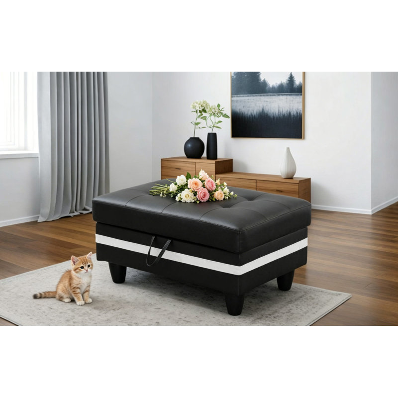 Faux Leather Storage Ottoman, Black/White Faux Leather