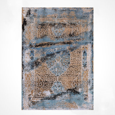 Tapis bleu en laine et soie noué à la main Original