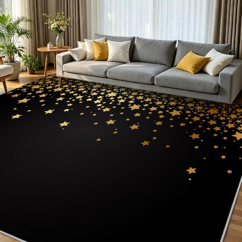 Tapis d'intérieur doré lavable à la machine avec étoiles étoile de Noël, Rectangle 71 po x 98 po