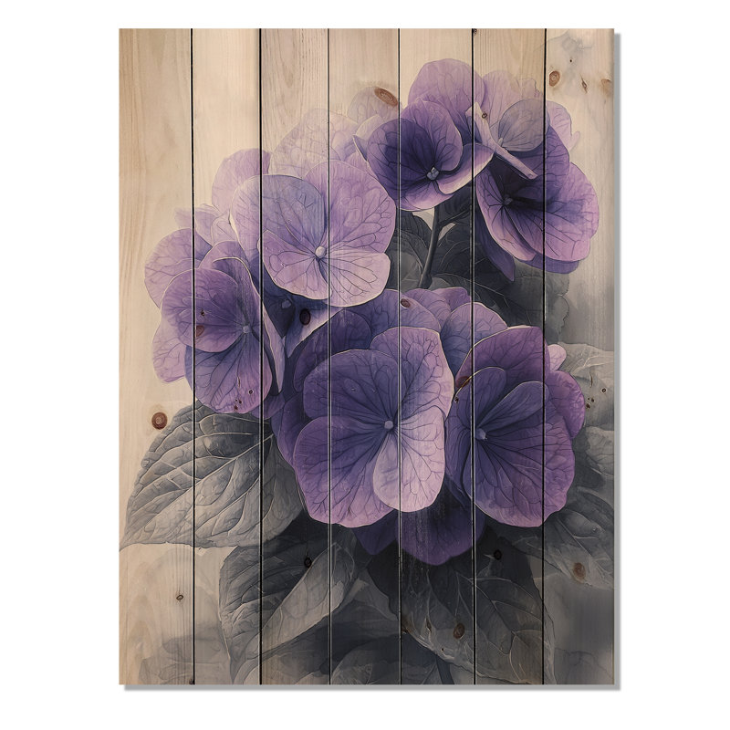 Mauve mauve, Hortensia I - art mural bois d'hortensia - sur bois de pin naturel, H 32 po x l 24 po x P 0,78 po