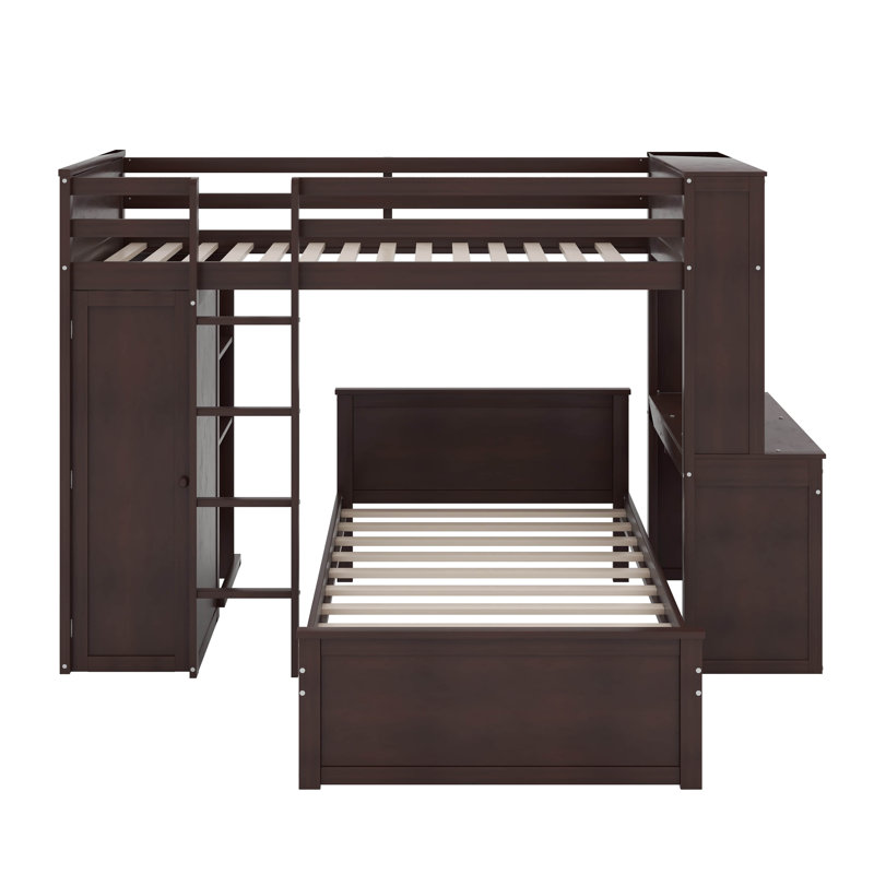 Lit mezzanine simple avec tablettes, bureau et garde-robe, Espresso