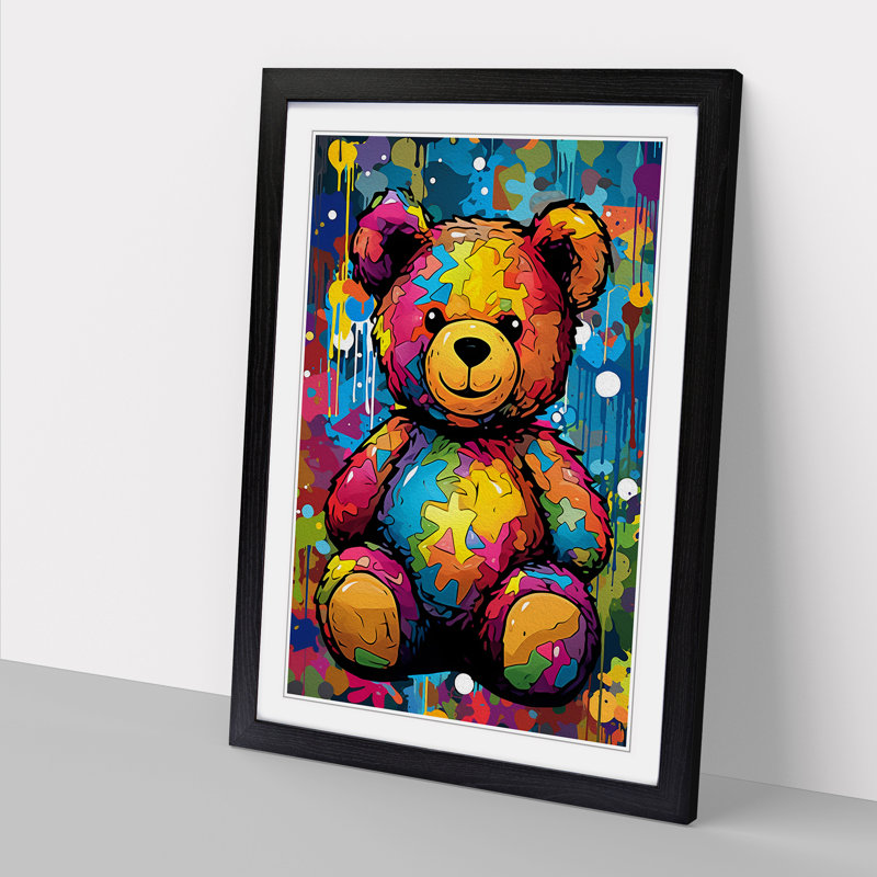 XYZ-FRM-V1223-1621 Teddy Bear Pop No.2 - Single Picture Frame Print on Wood, 46cm H x 34cm W x 2cm D, Black