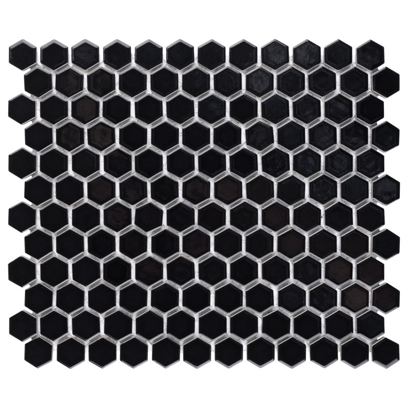 Metro 1" Hex Glossy Black 10-1/4 in. x 11-7/8 in. Porcelain Mosaic Tile