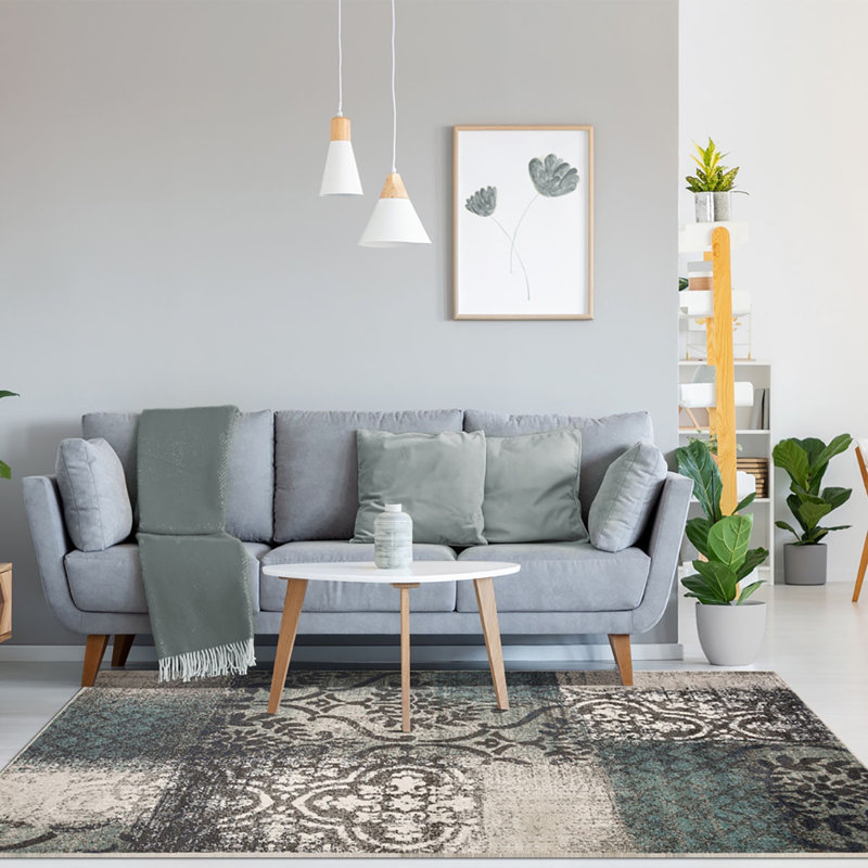 Tapis bleu sarcelle damassé résistant aux taches