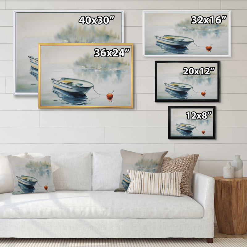 Abstrait bateau en bois dans un lac - reproduction de cadre flottant sur toile, Cadre blanc, H 24 po x l 36 po x P 1 po