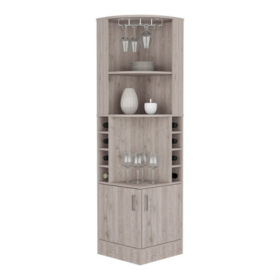 Armoire de coin H 71 po, 1 porte-verre, 8 porte-bouteilles extérieurs, 1 tablette centrale et un tiroir inférieur avec 2 portes latérales