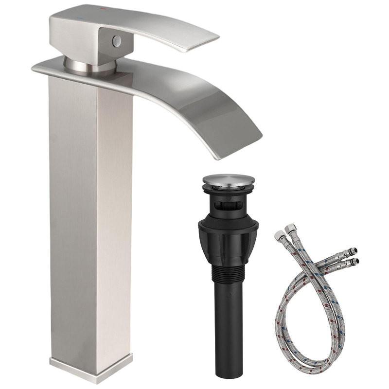 Tall Bathroom Vessel Sink Faucet: Waterfall Style Single Hole, Single Handle Faucet With Supply Hose, Brushed Nickel