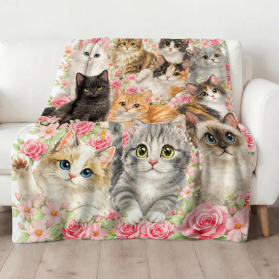 Couverture pour chats, jeté en flanelle à motif floral rose pour femme Mon amoureux des chats pour canapé-lit, cadeaux pour maman (50 po x 60 po)