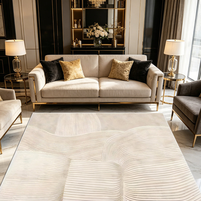 1PC Neutral Beige Wavy Ribbed Minimalist Abstract Textured area rugs for Living Room, Soft and Comfortable, Suitable for all seasons, easy-to-maintain, machine washable Indoor floor mat, Under Table Farmhouse suitable for dining room, bedroom, home