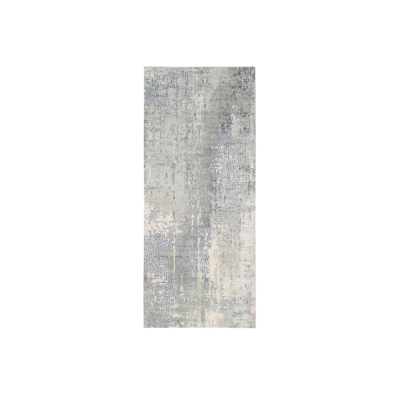 4'1" x 9'9" New Hand Knotted Grey Wool & Silk Runner Oriental Rug - MOA10263062