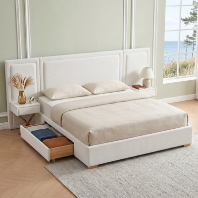Modern Wide-Panel Upholstered Bed, King, White Velvet