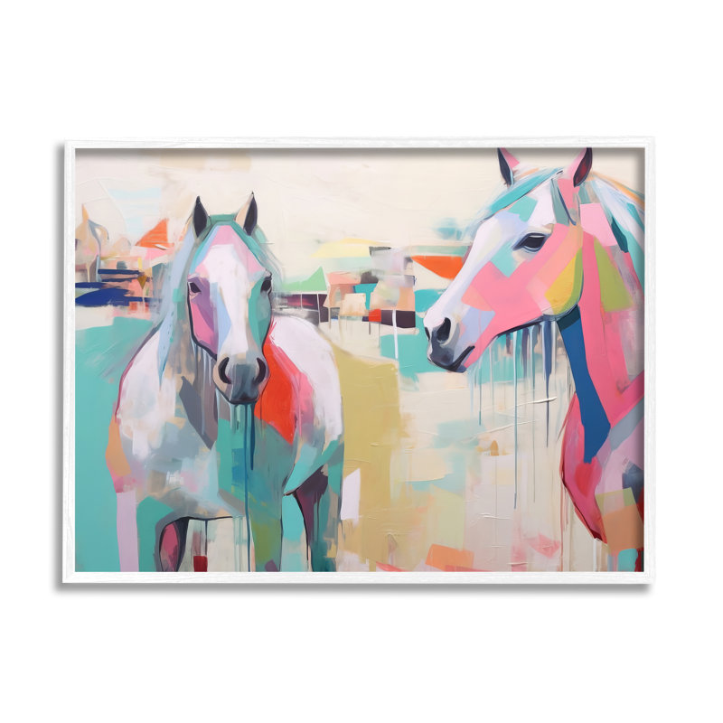 Az-084 - Chevaux pastel abstraits encadrés sur bois par Irena Orlov, peinture, H 24 po x l 30 po x P 1,5 po