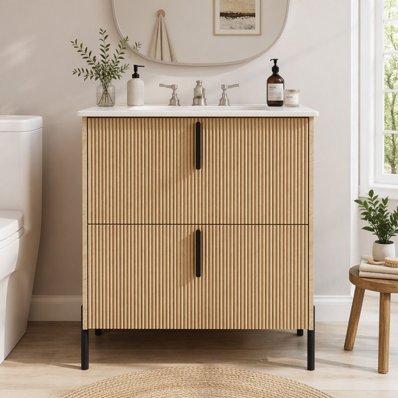 Meuble-lavabo de salle de bain de 76 cm (30 po) avec lavabo en céramique, design cannelé, bois naturel, tiroirs à extension complète avec glissières encastrées à fermeture amortie.