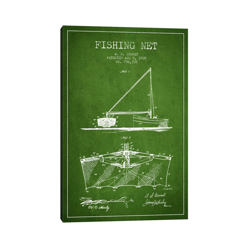 Fishing Net Green Patent Blueprint by Aged Pixel - No Frame Gallery-Wrapped Canvas Giclée on Canvas, 101.6cm H x 66.04cm W