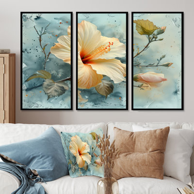 Yellow Grey Winter Dream Hibiscus - Hibiscus Wall Art Set