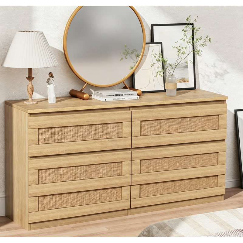 Nursery Rattan Dresser for Bedroom, Modern 6 Drawer Wooden Dresser Chest, Wide Wood Beside Table, Natural