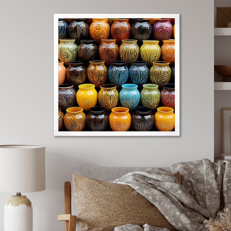 «Yellow Boho Pottery Decor - Abstract Still Lifes», art mural, Cadre simple blanc, H 16 po x l 16 po x P 1 po