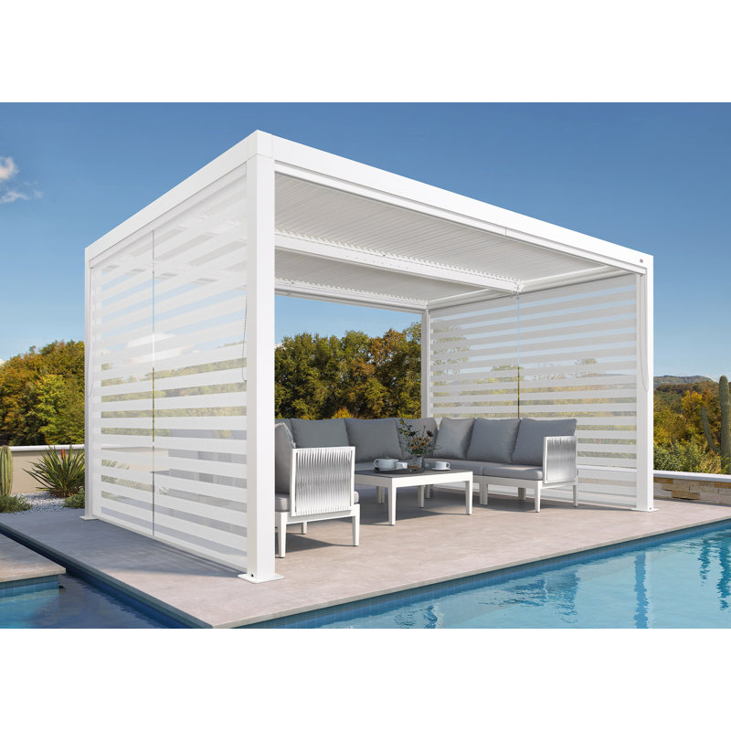 Aluminum Pergola with Roller Shade, 2 Short Side, White, 14' x 10'