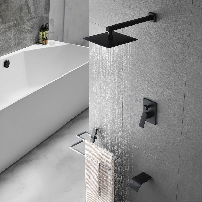 10 Inch Wall Mounted Tub Shower System Single Handle Shower Faucet Set Brass Shower Trim Kit With Rough-In Valve, Matte Black