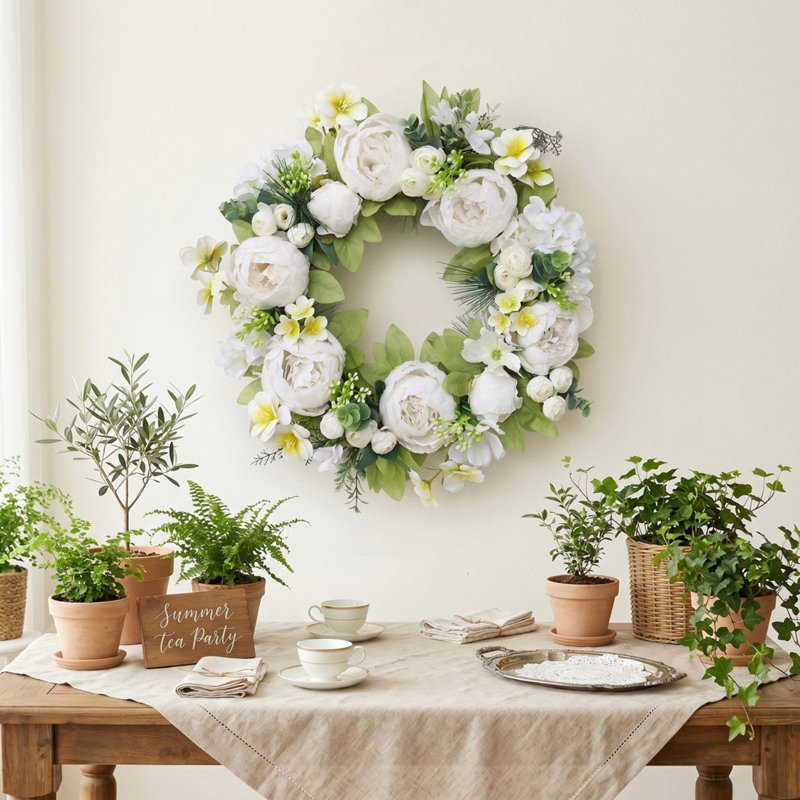 Couronne florale artificielle blanche 18 pouces