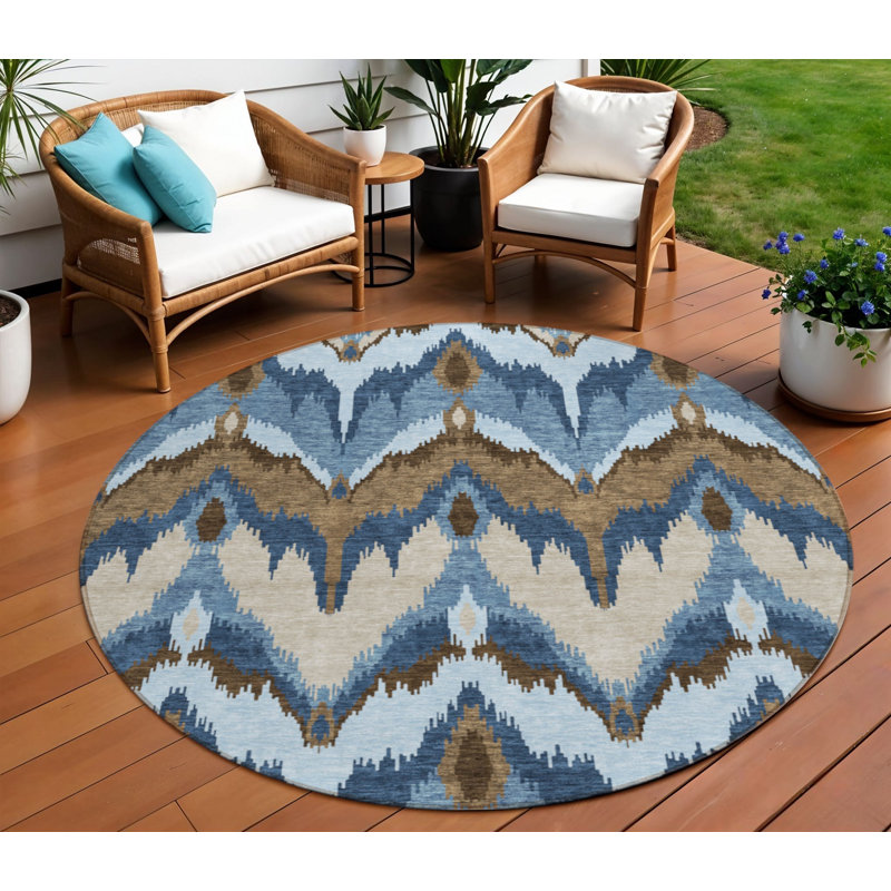 Tapis d'intérieur rond lavable en ikat bleu et bleu ciel 8 pi HomeRoots