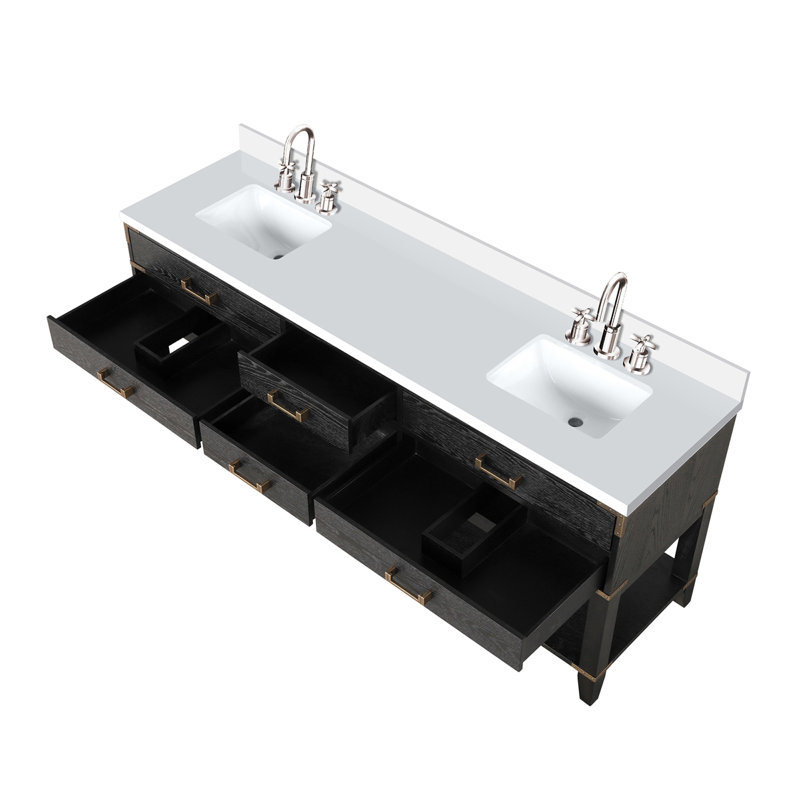 Ensemble de meuble-lavabo double en chêne noir avec plateau en quartz blanc 22 po et robinet, H 34,12 po x l 22 po x P 80 po