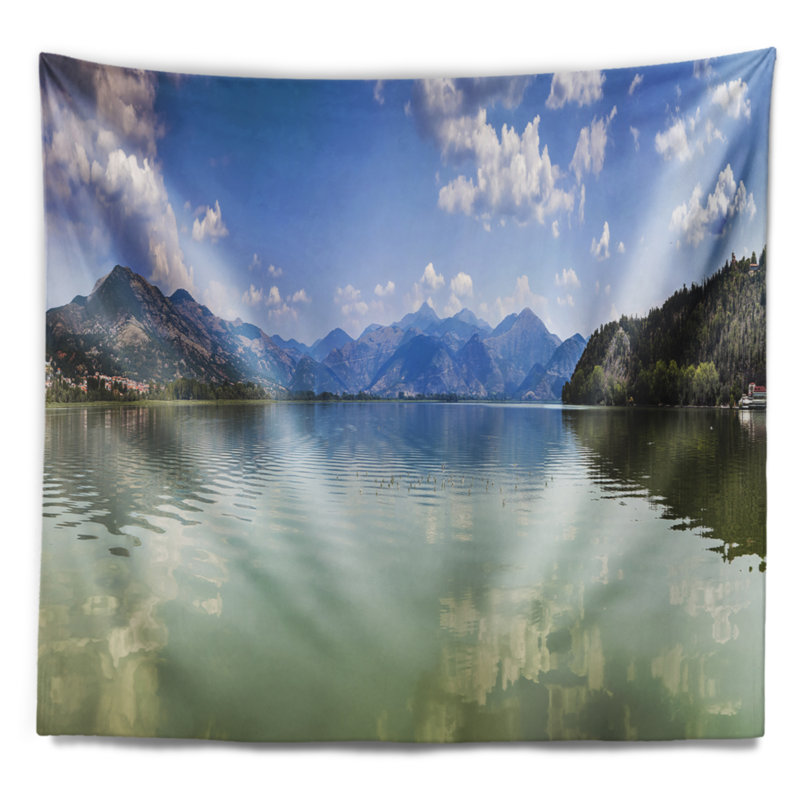 Tapisserie de panorama en polyester kastoria lake grèce avec accessoires suspendus inclus, H 78 po x l 92 po