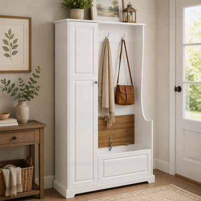Porte-manteau élégant avec banc rabattable, étagères réglables et crochets de suspension pour entrées, vestibules et couloirs.
