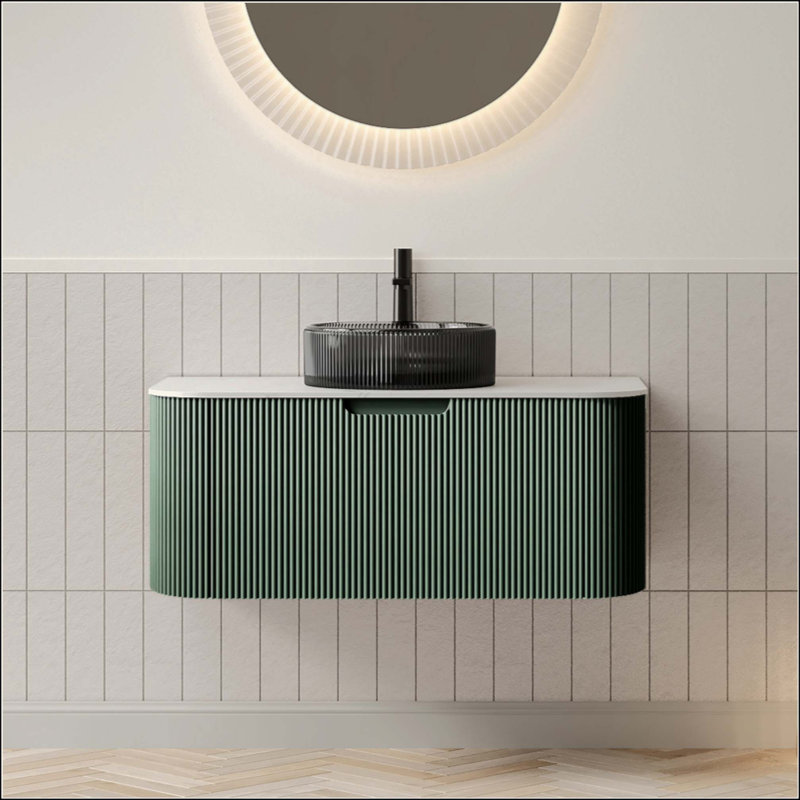 Meuble-lavabo de salle de bain, armoire de salle de bain en contreplaqué rayé à bords arrondis avec tiroir, vasque en verre et plateau en pierre frittée, pré-assemblé