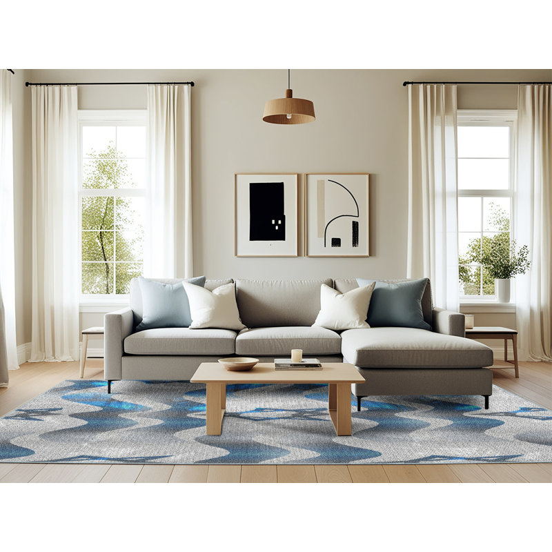 Tapis gris/bleu à motifs, Rectangle 6 pi x 9 pi