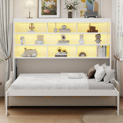 Murphy Cabinet Bed With Folding Sofa, Built-in Storage Shelves And Led Light