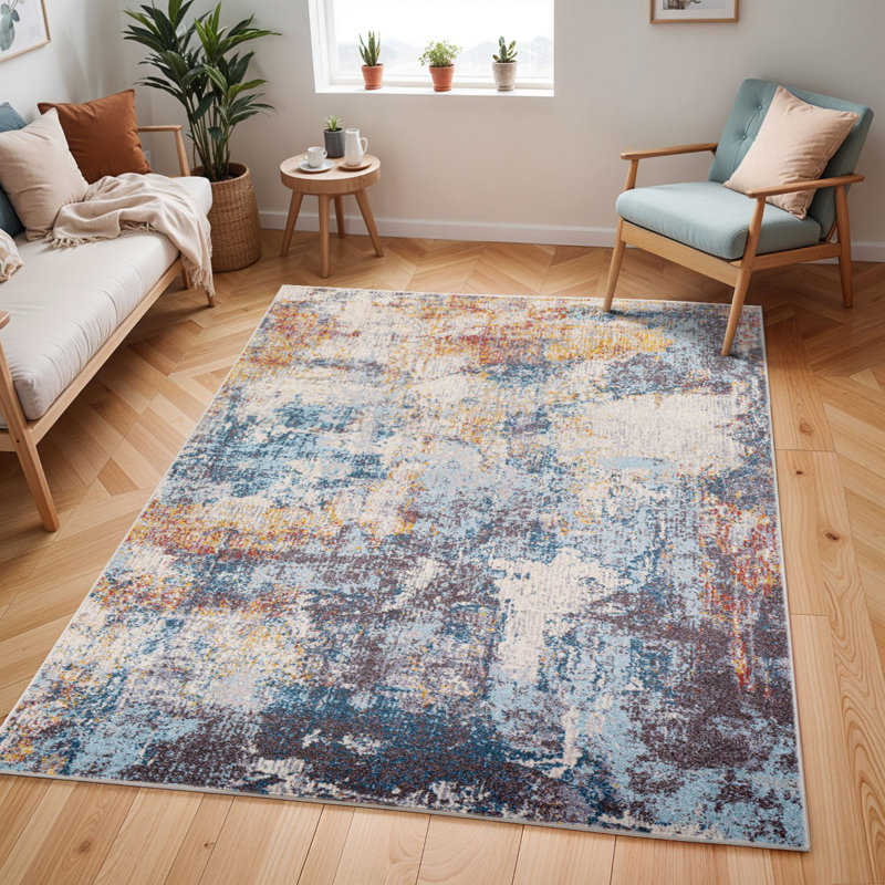 Blue Modern Rug, Abstract Easy to Clean Rug For Living Room, Dining Room, Bedroom, Kitchen, Rectangle 200 x 275 cm