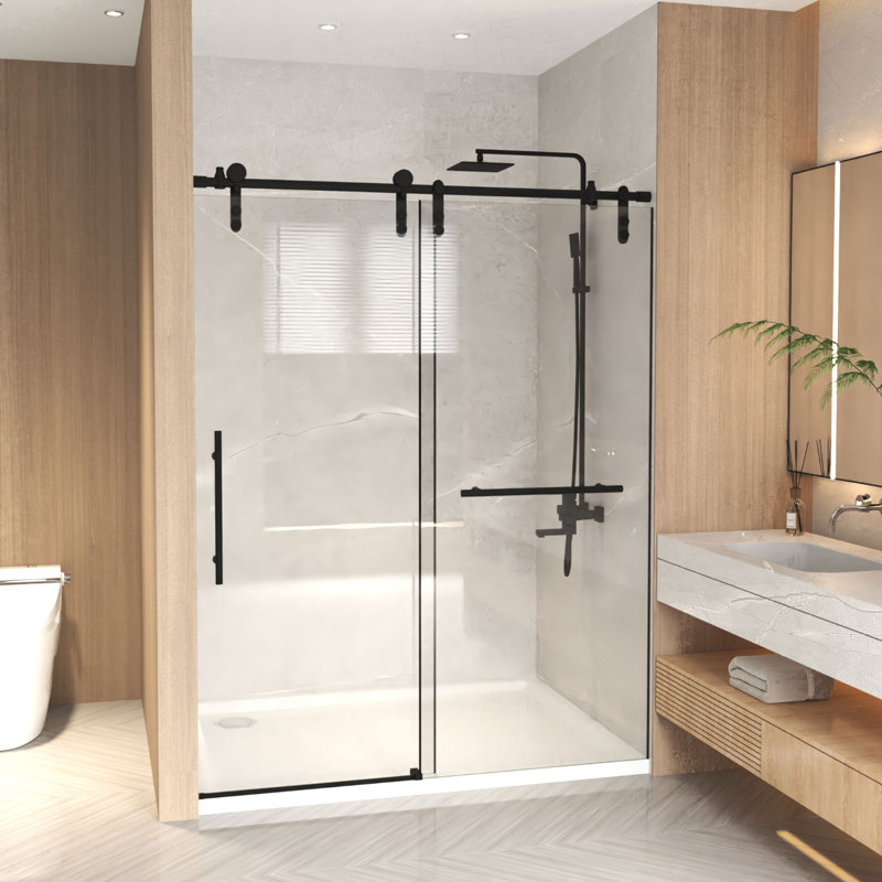 44-48"x76"H Matte Black Frameless Sliding Tempered Glass  Shower Door 5/16"(8mm) Clear​