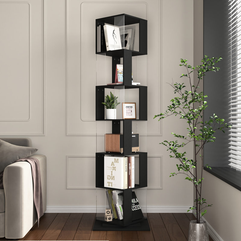 Étagère rotative à 6 niveaux avec plaque en acrylique - Bibliothèque élégante pour le salon, feuille de placage de bois, Noir