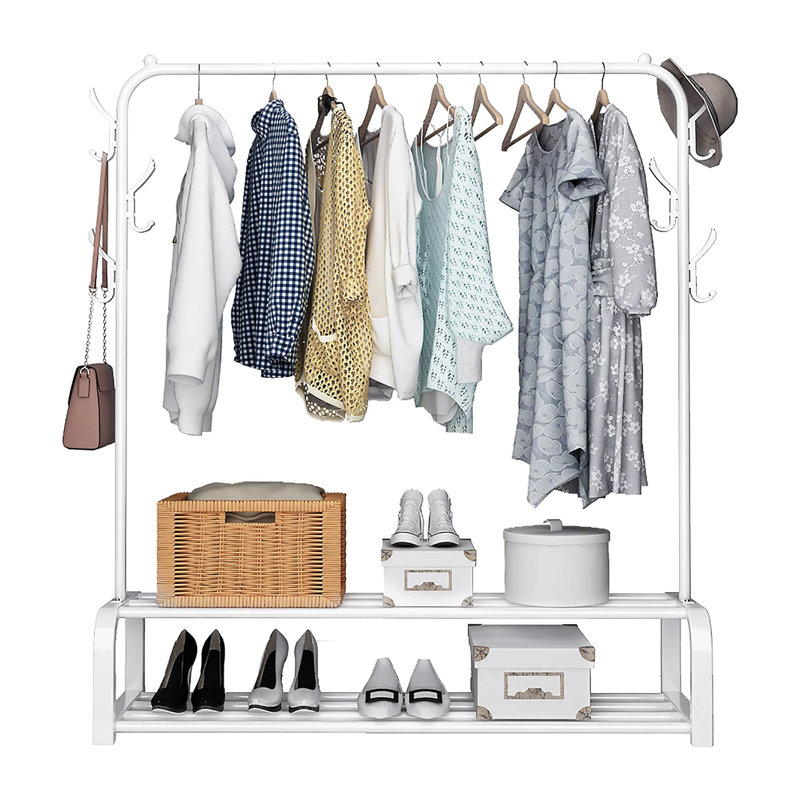 Portant à vêtements, portatif avec 6 crochets et 2 tablettes, blanc