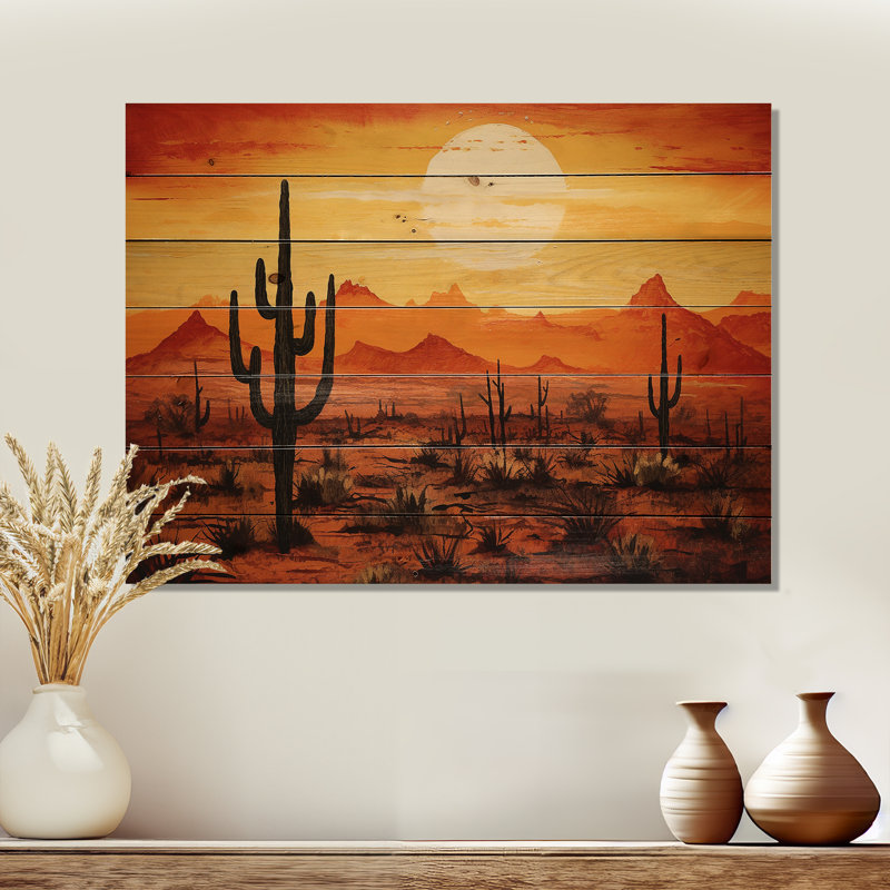 Cactus Sunrise Silhouettes - Art mural en bois de cactus sur bois de pin naturel, H 24 po x l 32 po