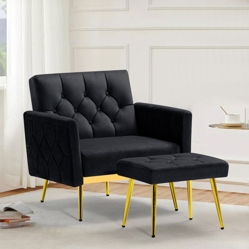 Zianny Velvet Accent Chair with Ottoman, Black Velvet