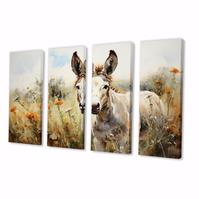 «Donkey Flower Meadow Landscape II - Donkey», ensemble de 4 pièces d'art mural