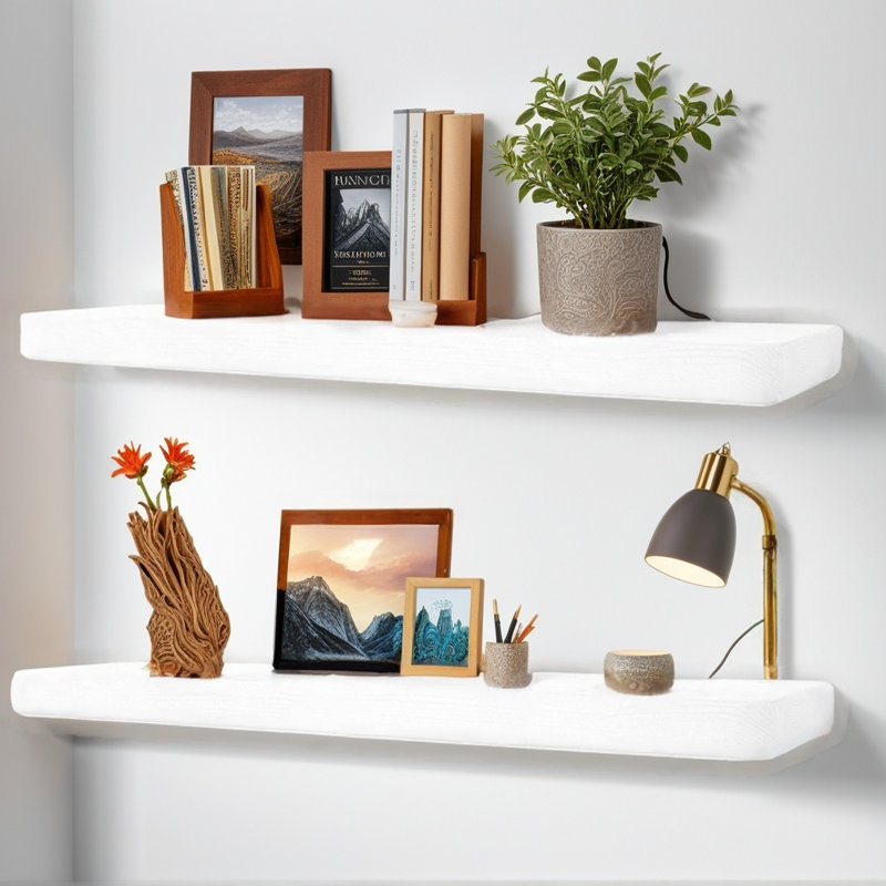 Ensemble de 2 tablettes flottantes pour le mur, tablettes murales en bois massif avec supports cachés et support robuste, style rustique moderne pour salle de bain, cuisine et salon