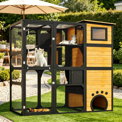 Brown 4-Tier Outdoor Catio, Large Weatherproof Cat Enclosure Attached To Window For Multiple Cats With Platforms And Resting Rooms