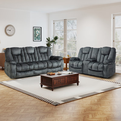 Ensemble de salon inclinable moderne 2 pièces avec canapé inclinable manuel à 3 places et causeuse inclinable électrique, revêtement en microfibre et porte-gobelets cachés