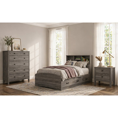 Ensemble de chambre à coucher avec lit de rangement, tête de lit bibliothèque et casiers assortis