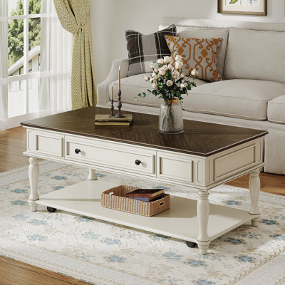 Table basse de style campagnard avec tiroir, facile à assembler, mobile avec roues verrouillables, idéale pour l'organisation et la décoration du salon