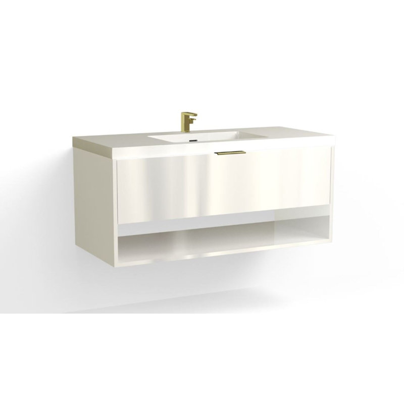 Modo 48" W Wall Mounted Single Bathroom Vanity, Glossy White/Single, Satin Brass, Nocino